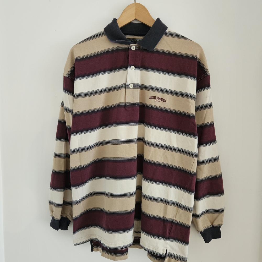 Vintage 90s Guess Classics USA Striped Rugby Polo Shirt Large Burgundy Cream